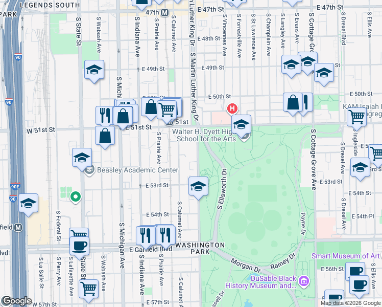 map of restaurants, bars, coffee shops, grocery stores, and more near 5152 South Doctor Martin Luther King Junior Drive in Chicago