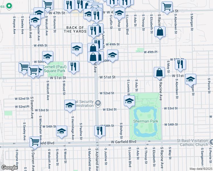 map of restaurants, bars, coffee shops, grocery stores, and more near 5128 South Laflin Street in Chicago