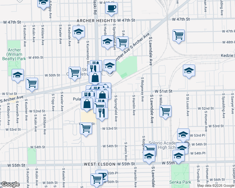 map of restaurants, bars, coffee shops, grocery stores, and more near 3837 West 51st Street in Chicago