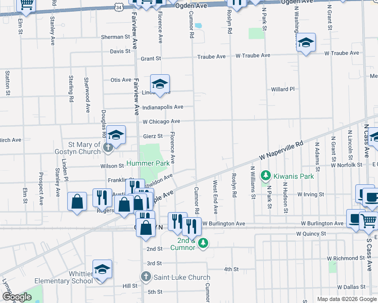 map of restaurants, bars, coffee shops, grocery stores, and more near 4805 Cumnor Road in Downers Grove
