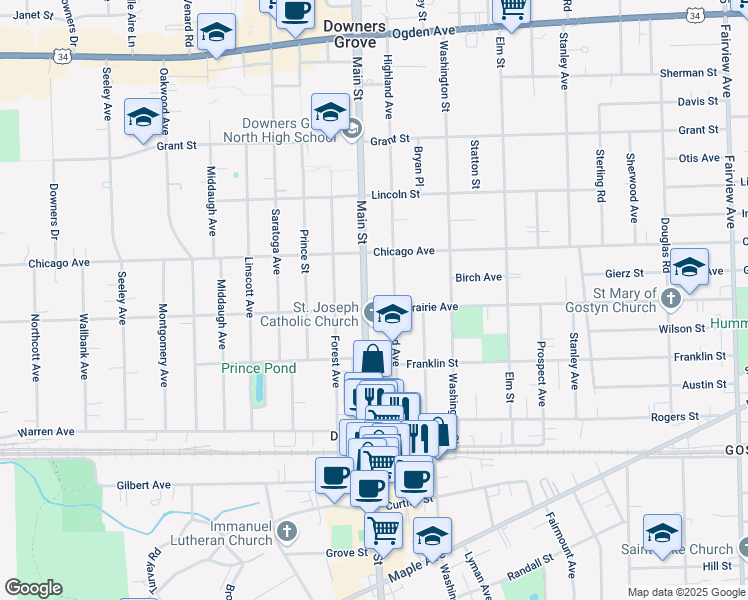 map of restaurants, bars, coffee shops, grocery stores, and more near 4730 Main Street in Downers Grove