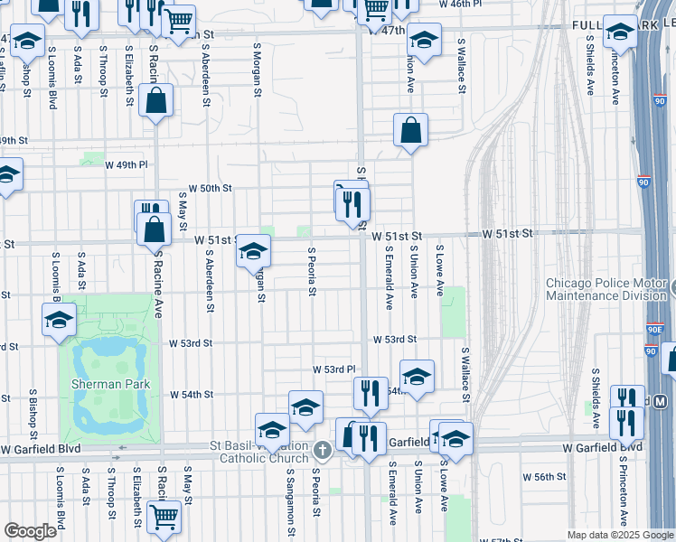 map of restaurants, bars, coffee shops, grocery stores, and more near 829 West 51st Place in Chicago
