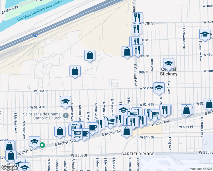 map of restaurants, bars, coffee shops, grocery stores, and more near 5750 West 51st Street in Chicago