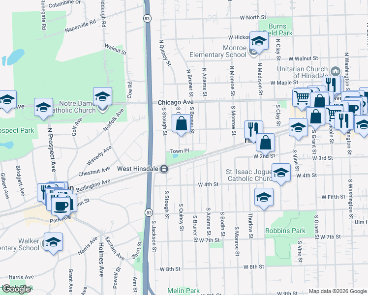 map of restaurants, bars, coffee shops, grocery stores, and more near 743 Town Place in Hinsdale