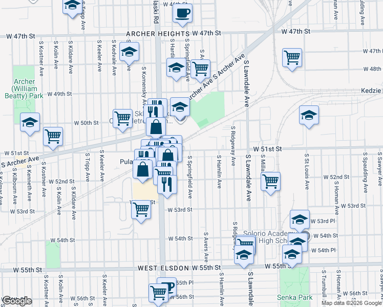 map of restaurants, bars, coffee shops, grocery stores, and more near 3837 West 51st Street in Chicago