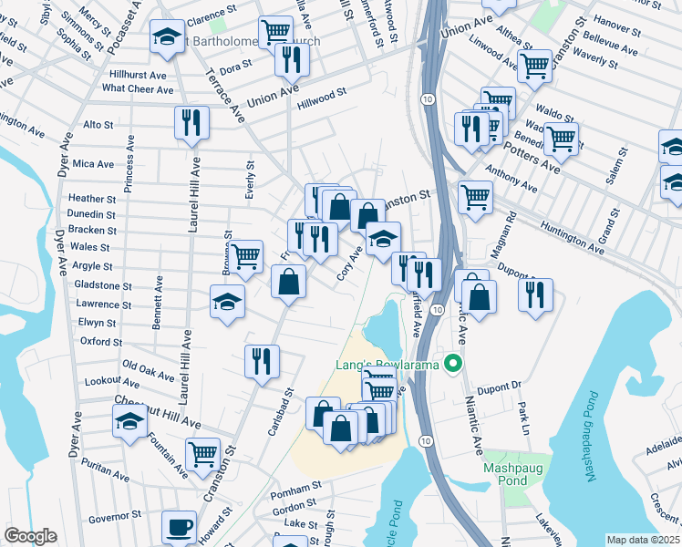 map of restaurants, bars, coffee shops, grocery stores, and more near 25 Bain Street in Cranston