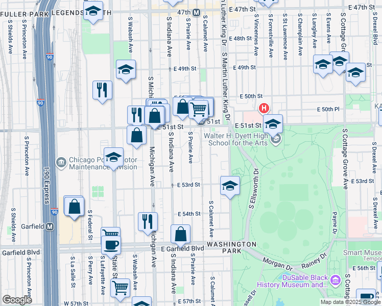 map of restaurants, bars, coffee shops, grocery stores, and more near 5152 South Prairie Avenue in Chicago