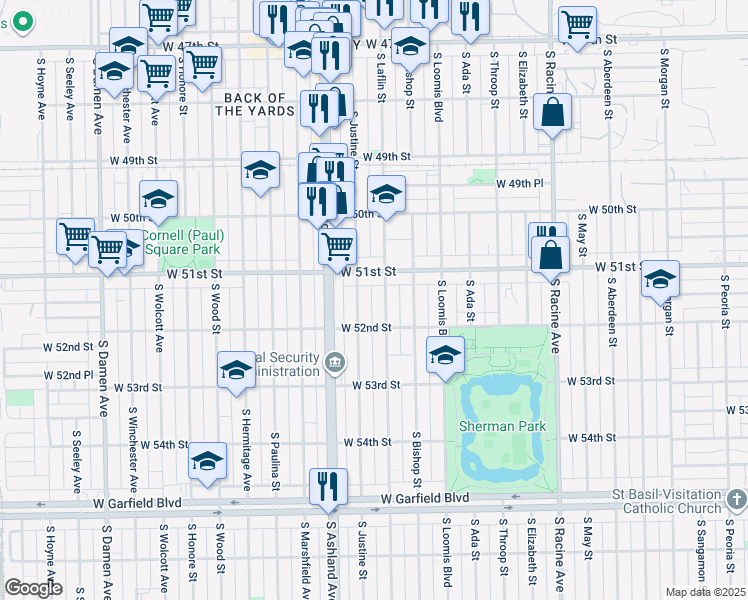 map of restaurants, bars, coffee shops, grocery stores, and more near 5128 South Laflin Street in Chicago