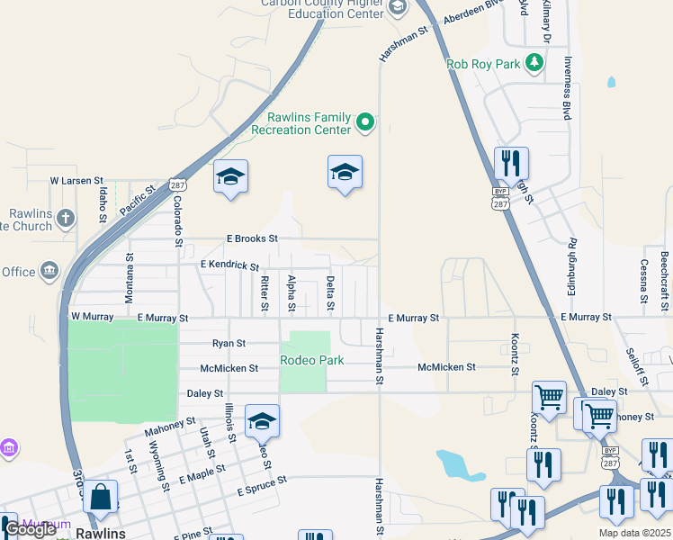 map of restaurants, bars, coffee shops, grocery stores, and more near 1317 Delta Street in Rawlins