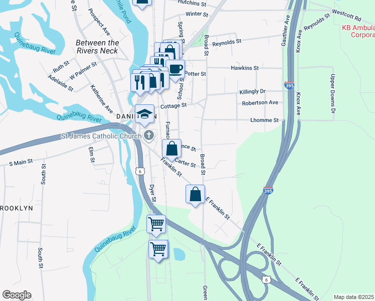 map of restaurants, bars, coffee shops, grocery stores, and more near 35 Prince Street in Killingly