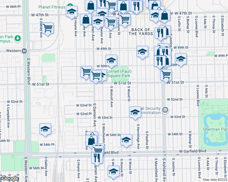 map of restaurants, bars, coffee shops, grocery stores, and more near 5127 South Wolcott Avenue in Chicago