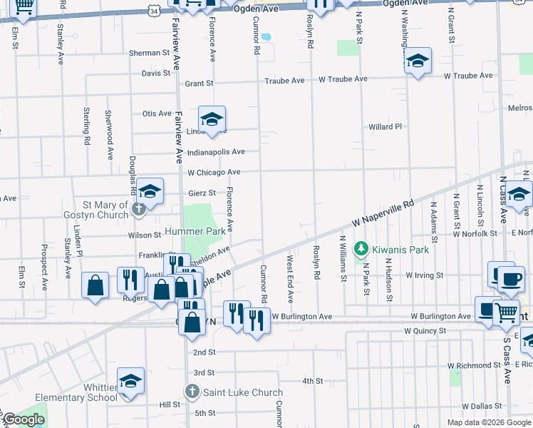 map of restaurants, bars, coffee shops, grocery stores, and more near 4805 Cumnor Road in Downers Grove