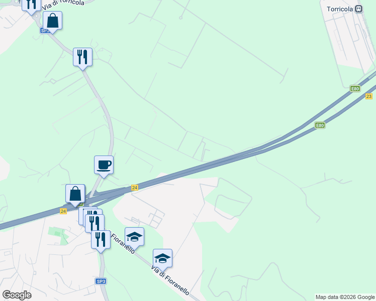 map of restaurants, bars, coffee shops, grocery stores, and more near 105 Via delle Cornacchiole in Roma
