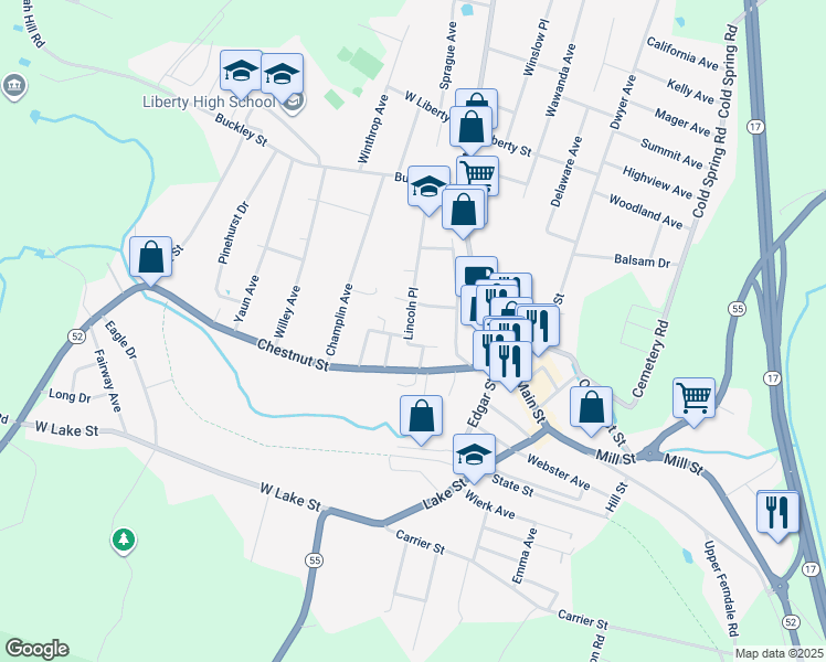 map of restaurants, bars, coffee shops, grocery stores, and more near 37 Lincoln Place in Liberty