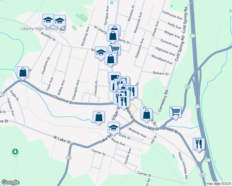 map of restaurants, bars, coffee shops, grocery stores, and more near in Liberty