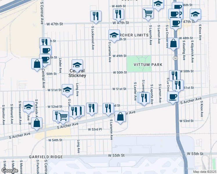 map of restaurants, bars, coffee shops, grocery stores, and more near 5204 West 51st Street in Chicago