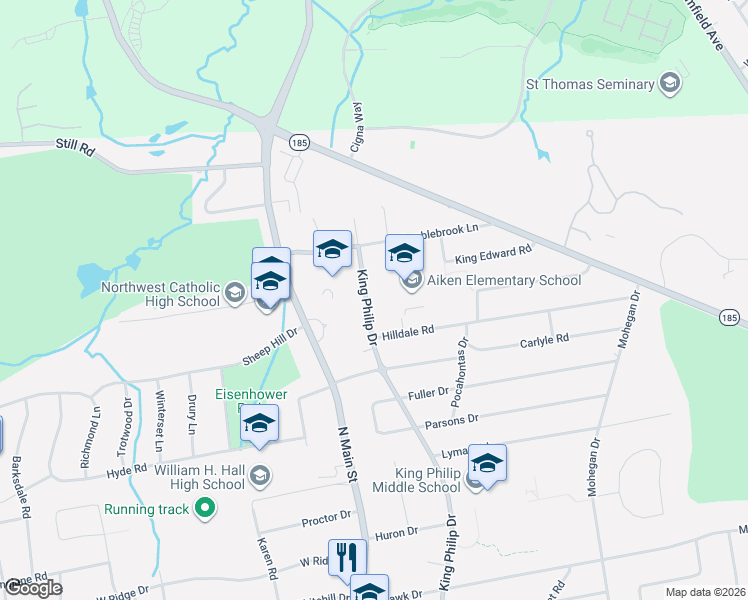 map of restaurants, bars, coffee shops, grocery stores, and more near 218 King Philip Drive in West Hartford
