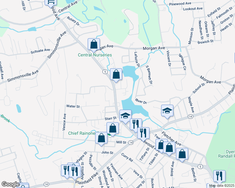map of restaurants, bars, coffee shops, grocery stores, and more near 1025 Atwood Ave in Johnston