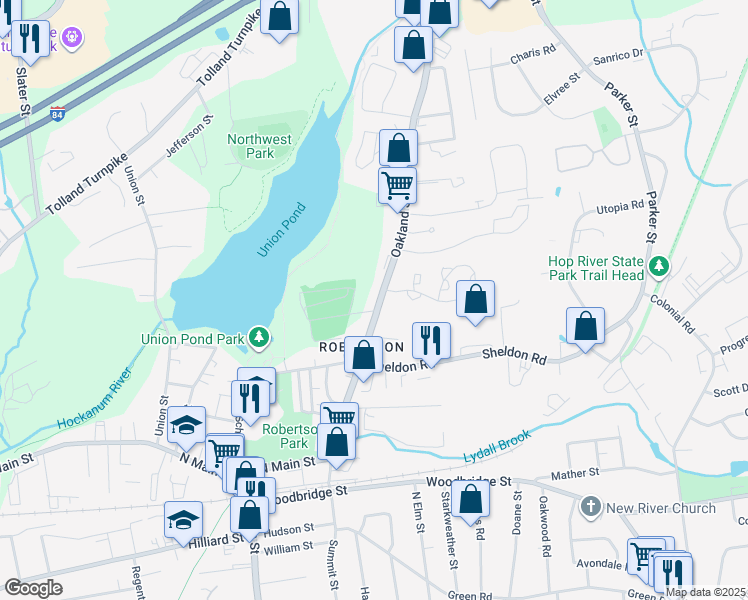 map of restaurants, bars, coffee shops, grocery stores, and more near 196 Oakland Street in Manchester