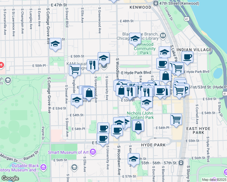 map of restaurants, bars, coffee shops, grocery stores, and more near 1204 East 53rd Street in Chicago
