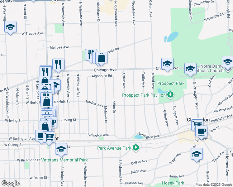 map of restaurants, bars, coffee shops, grocery stores, and more near 21 Indian Drive in Clarendon Hills
