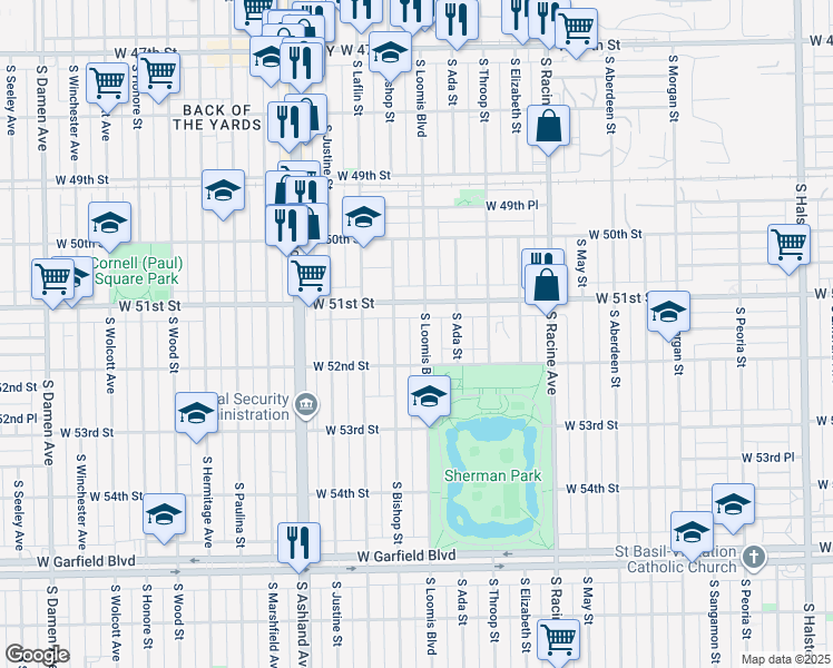 map of restaurants, bars, coffee shops, grocery stores, and more near 5130 South Loomis Boulevard in Chicago