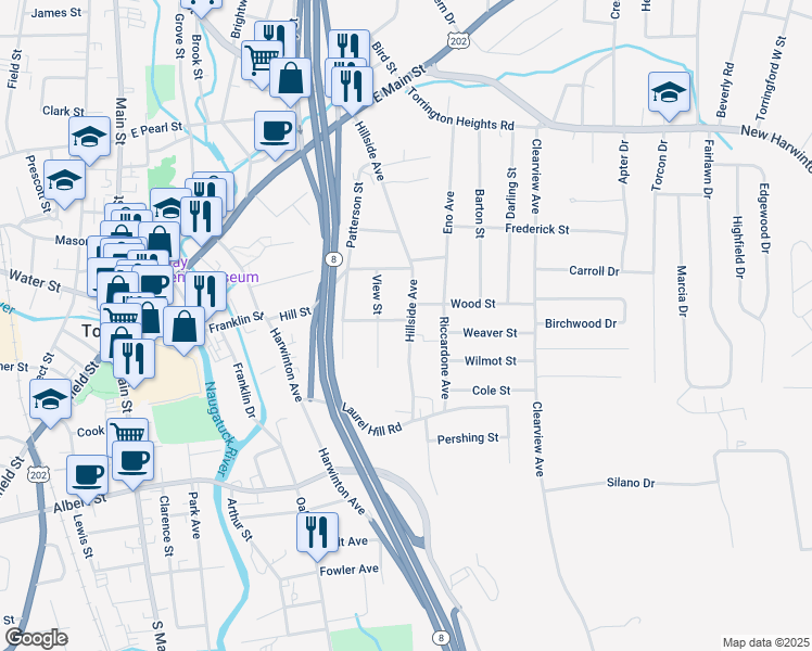map of restaurants, bars, coffee shops, grocery stores, and more near 312 Hillside Avenue in Torrington