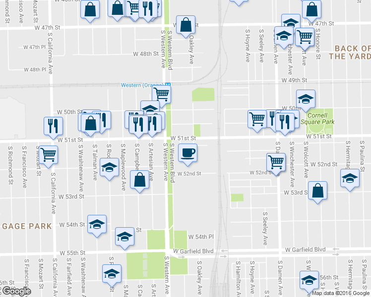 map of restaurants, bars, coffee shops, grocery stores, and more near 2314 West 51st Place in Chicago