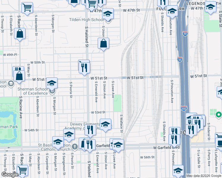 map of restaurants, bars, coffee shops, grocery stores, and more near 5132 South Lowe Avenue in Chicago