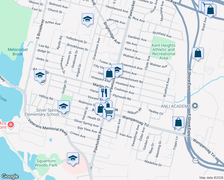 map of restaurants, bars, coffee shops, grocery stores, and more near 2732 Rhode Island 114 in East Providence