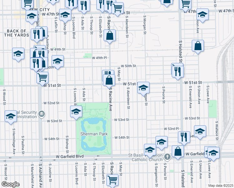 map of restaurants, bars, coffee shops, grocery stores, and more near 5132 South May Street in Chicago