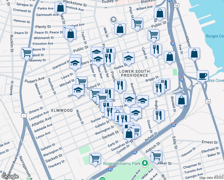 map of restaurants, bars, coffee shops, grocery stores, and more near 491 Prairie Avenue in Providence