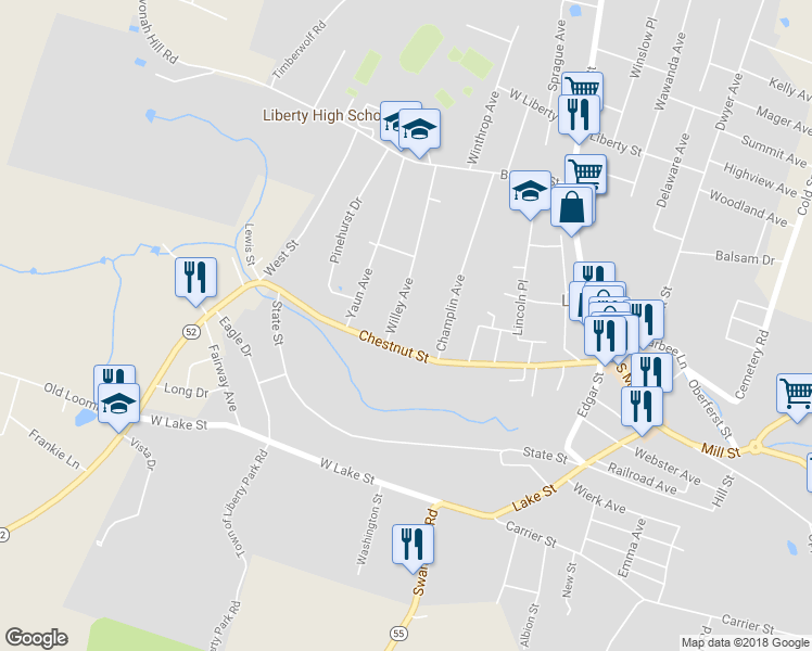 map of restaurants, bars, coffee shops, grocery stores, and more near 11 Willey Avenue in Liberty