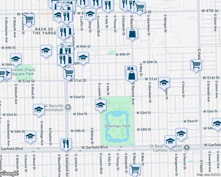 map of restaurants, bars, coffee shops, grocery stores, and more near 5131 S Ada St in Chicago