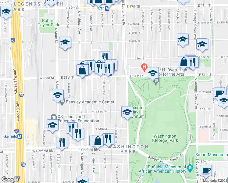 map of restaurants, bars, coffee shops, grocery stores, and more near 5150 South Calumet Avenue in Chicago