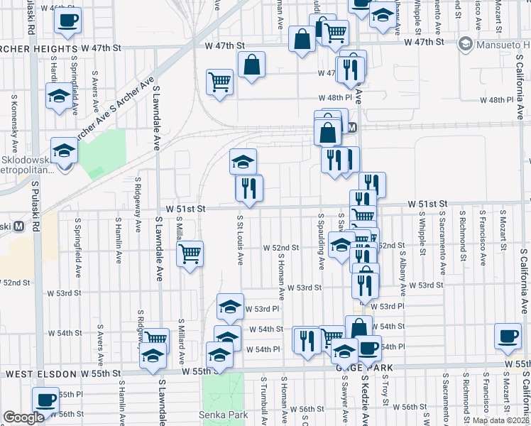 map of restaurants, bars, coffee shops, grocery stores, and more near 3421 W 51st St in Chicago