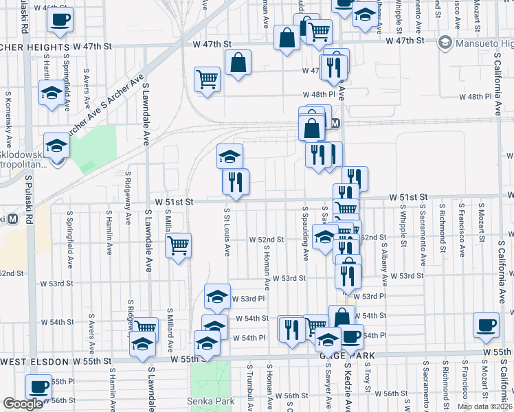 map of restaurants, bars, coffee shops, grocery stores, and more near 3421 West 51st Street in Chicago
