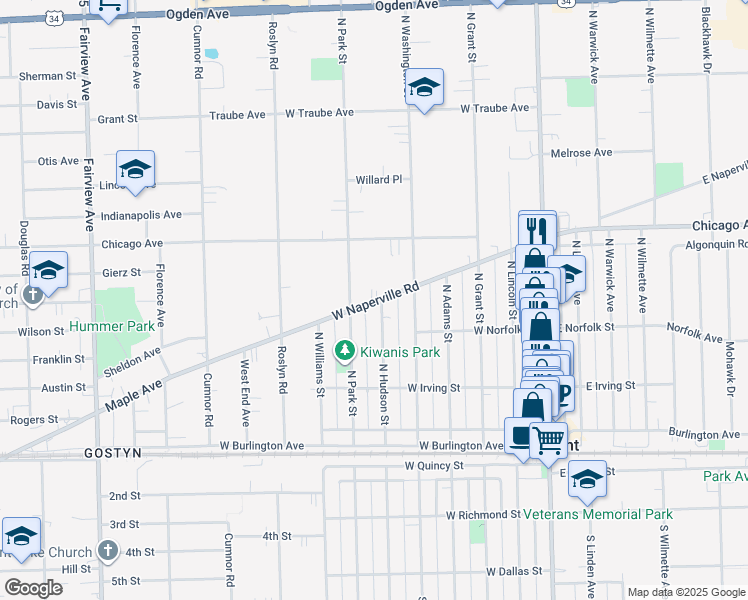 map of restaurants, bars, coffee shops, grocery stores, and more near 248 West Naperville Road in Westmont
