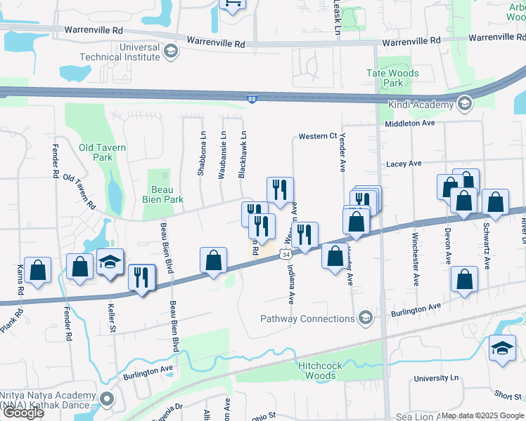 map of restaurants, bars, coffee shops, grocery stores, and more near 4625 Old Tavern Road in Lisle