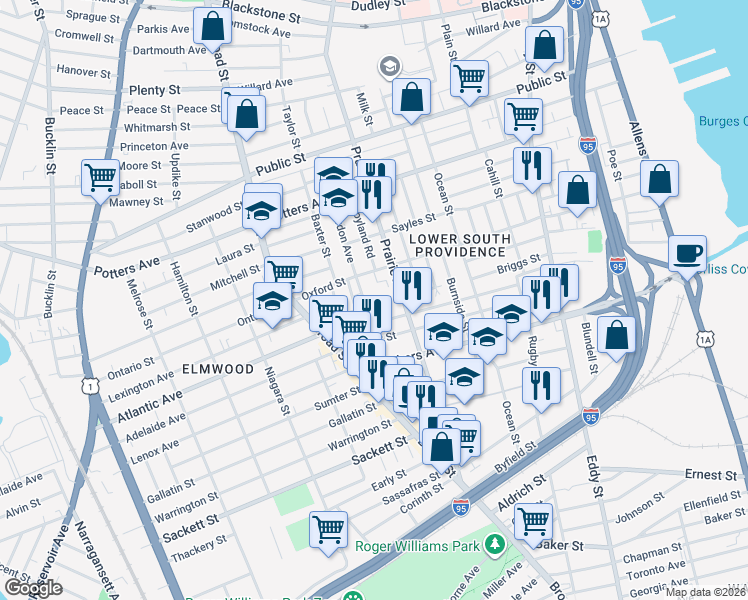 map of restaurants, bars, coffee shops, grocery stores, and more near 200 Gordon Avenue in Providence