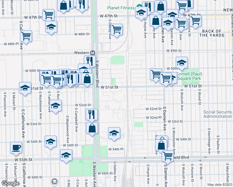 map of restaurants, bars, coffee shops, grocery stores, and more near 2242 West 51st Place in Chicago