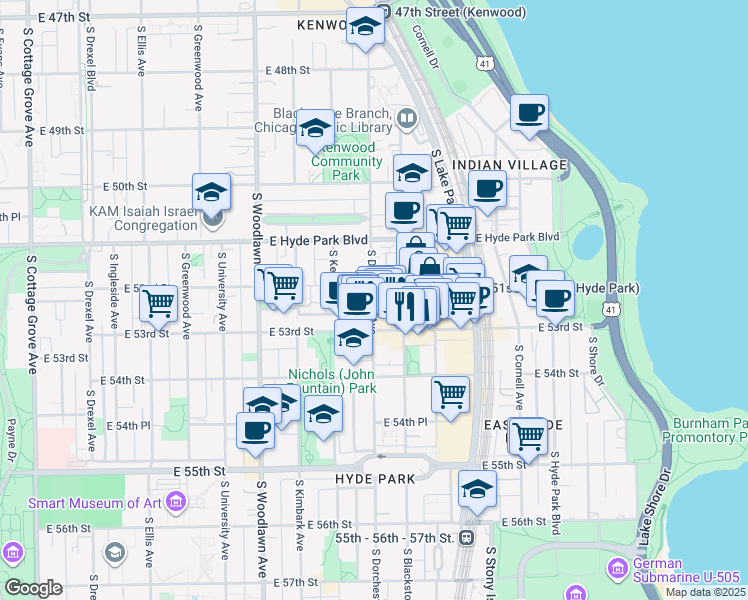 map of restaurants, bars, coffee shops, grocery stores, and more near 5210 South Blackstone Avenue in Chicago