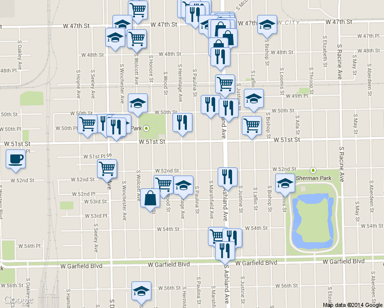 map of restaurants, bars, coffee shops, grocery stores, and more near 5126 S Paulina St in Chicago