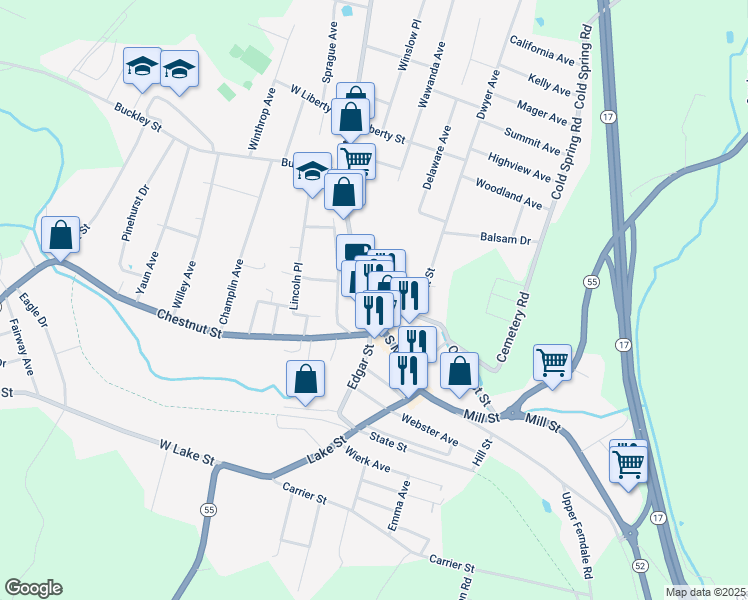 map of restaurants, bars, coffee shops, grocery stores, and more near in Liberty