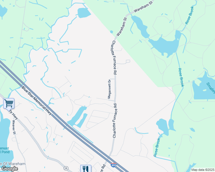 map of restaurants, bars, coffee shops, grocery stores, and more near 12 Megansett Drive in Wareham