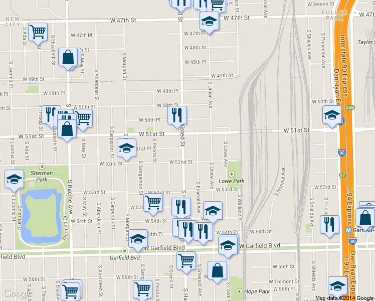 map of restaurants, bars, coffee shops, grocery stores, and more near 5137 S Halsted St in Chicago