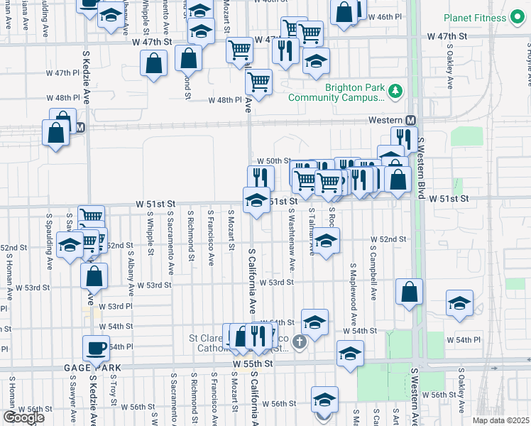 map of restaurants, bars, coffee shops, grocery stores, and more near 5114 S Fairfield Ave in Chicago