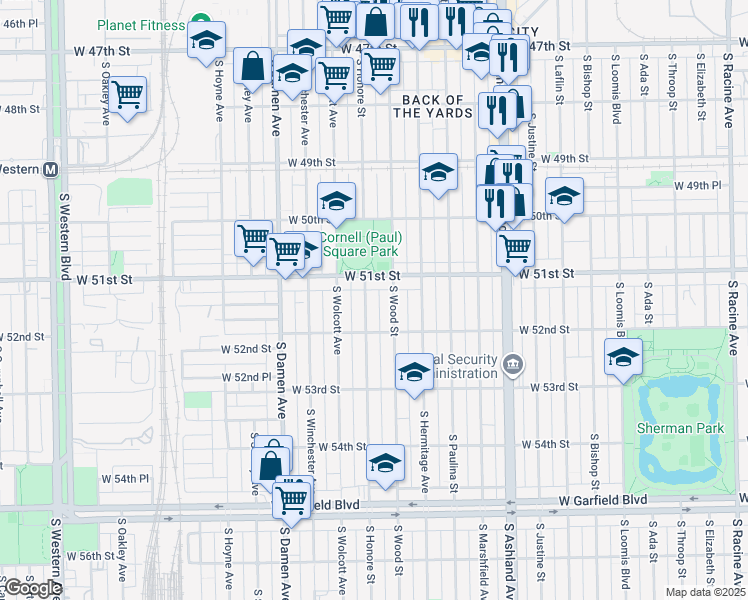 map of restaurants, bars, coffee shops, grocery stores, and more near 5125 South Honore Street in Chicago
