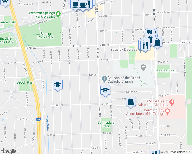 map of restaurants, bars, coffee shops, grocery stores, and more near 4904 Wolf Road in Western Springs