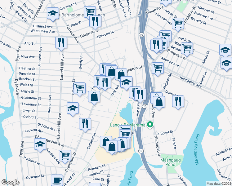 map of restaurants, bars, coffee shops, grocery stores, and more near 25 Bain Street in Cranston
